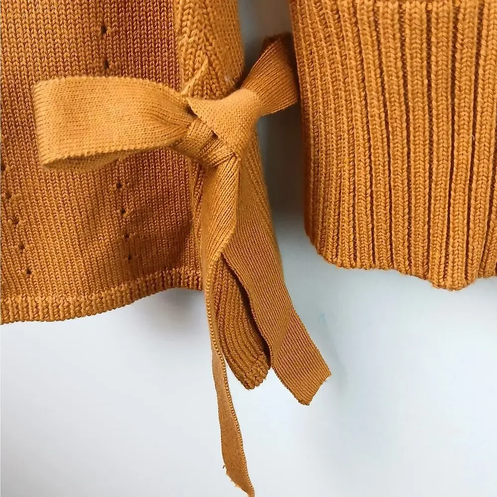 Sundance SZ M Aryka Wool-Cotton Blend Sweater Bell Sleeves With Ties Gold